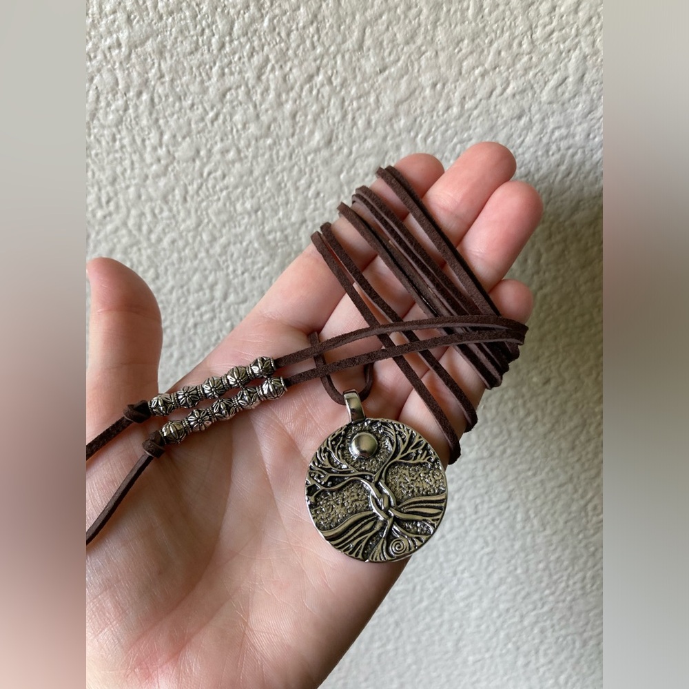 Brown Suede Cord Necklace with Silver Tree of Life Pendant - Picture 2 of 7
